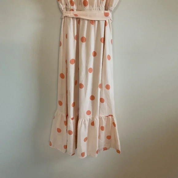 Lauren Conrad Faux Wrap Midi Dress Sz L Peach Orange Polka Dot Flutter Sleeve - Picture 6 of 11